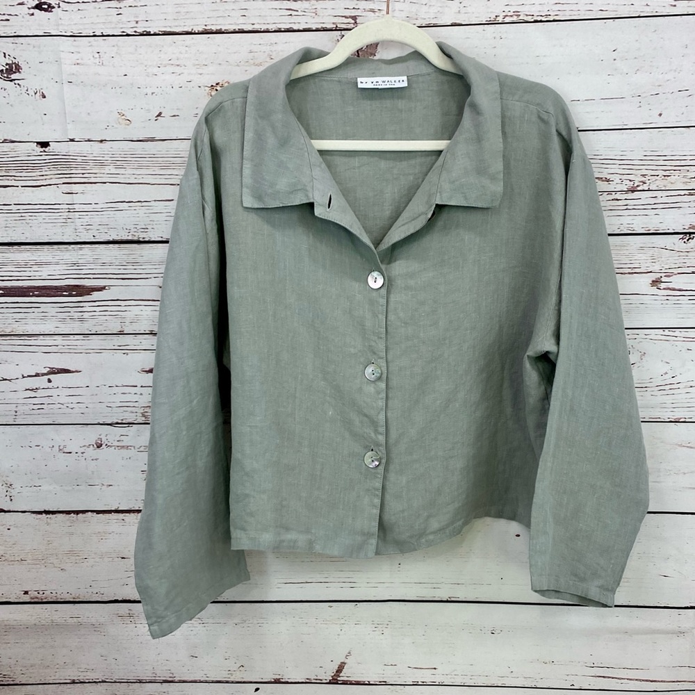 Bryn Walker Linen Lagenlook Cropped jacket Blouse Mint Green